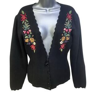 Herman Geist Embroidered Black Lambswool Cardigan Sweater Floral Accents-Medium